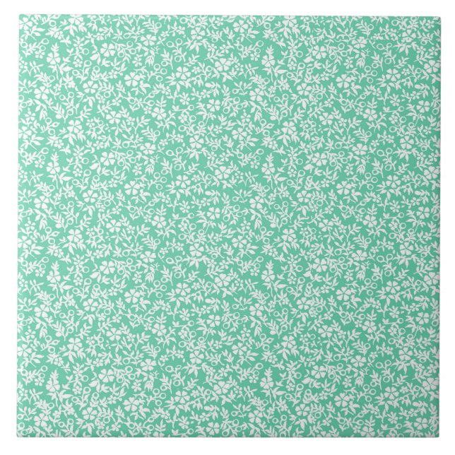 Carreau Motif floral antique blanc vert en bon état de cru (Devant)