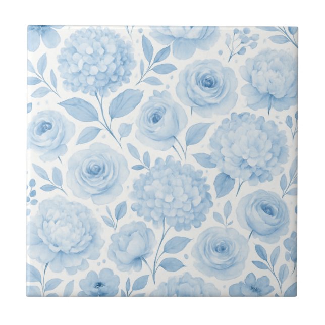 Carreau Motif floral aquarelle bleu blanc (Devant)