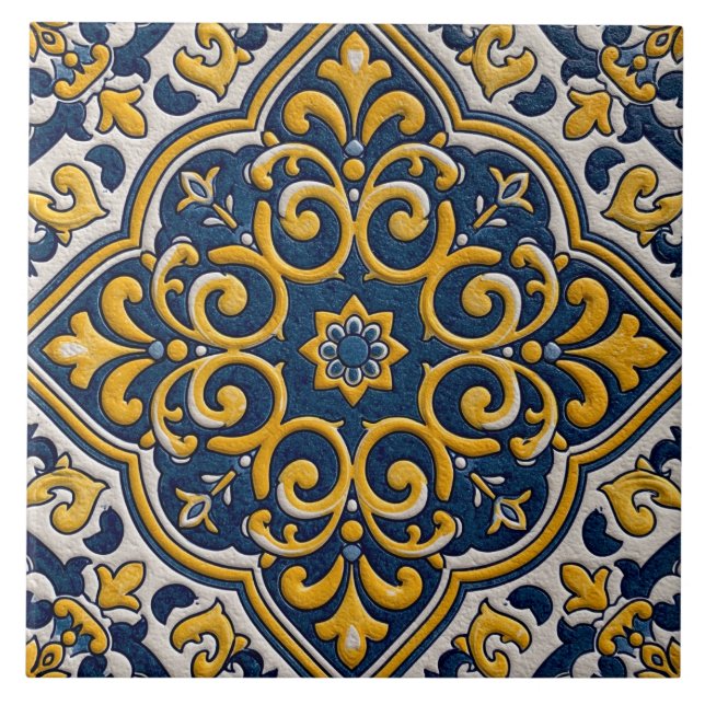 Carreau Motif floral arabesque marocain bleu jaune (Devant)
