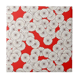 Carreau Motif floral Art Déco - crème sur rouge