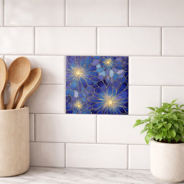 Carreau Motif Floral Bleu Or Moderne (Créateur téléchargé)