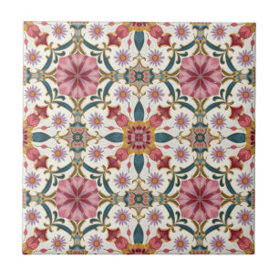 Carreau Motif floral boho en rouge, rose et sarcelle