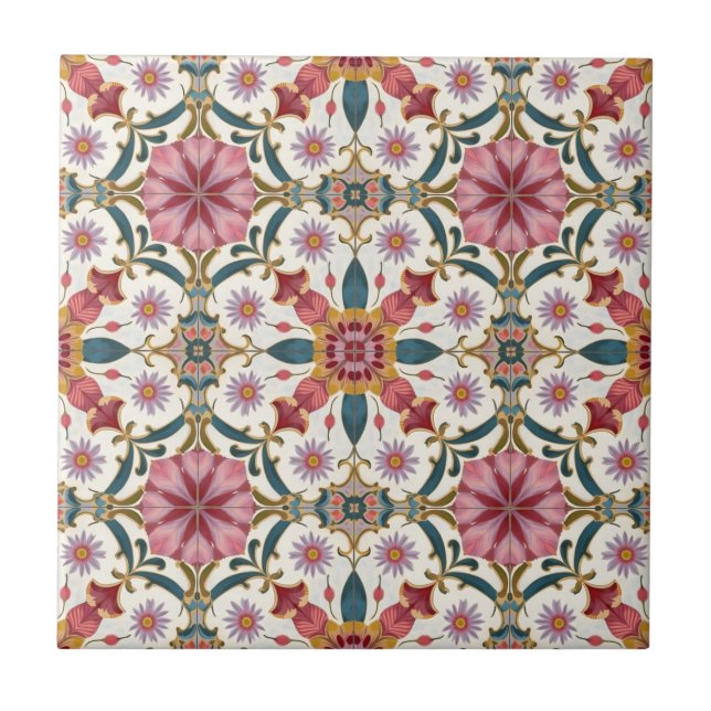 Carreau Motif floral boho en rouge, rose et sarcelle (Devant)