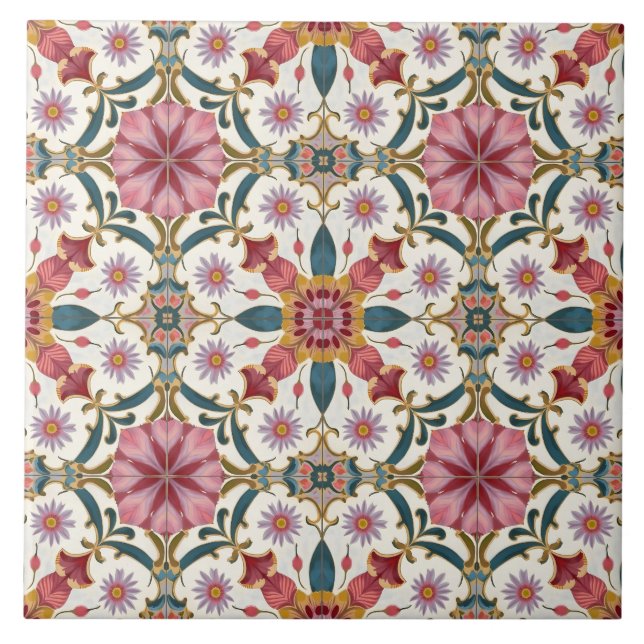 Carreau Motif floral boho en rouge, rose et sarcelle (Devant)