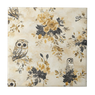 Carreau Motif floral botanique de chouette beige héritage
