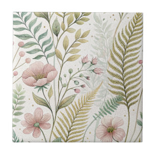 Carreau Motif floral botanique de fleurs roses peintes à l