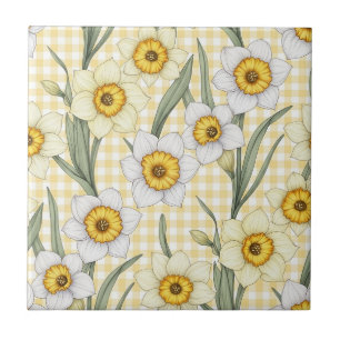 Carreau Motif floral botanique narcisse gingham jaune
