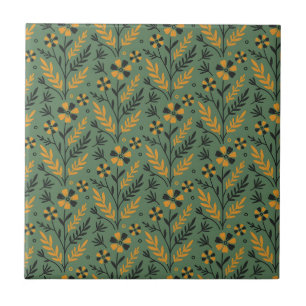 Carreau Motif floral botanique stylisé orange et noir