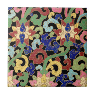Carreau Motif floral chinois coloré sur fond noir
