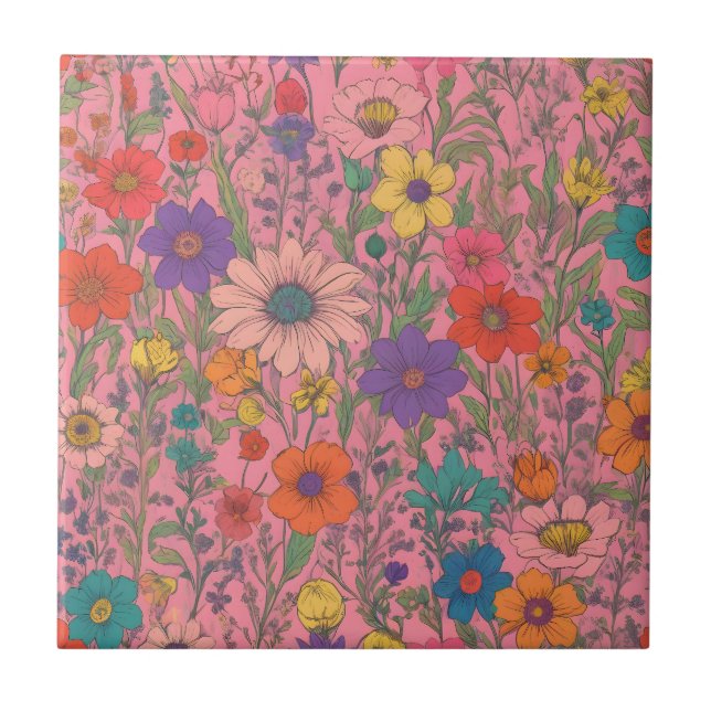 Carreau Motif floral coloré sur rose (Devant)