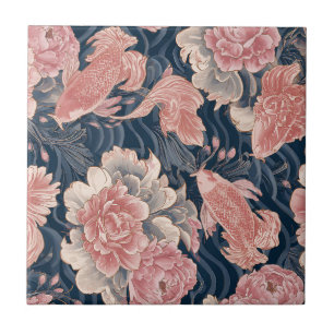 Carreau Motif floral de chinoiserie bleu rose koi