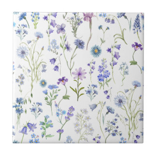 Carreau Motif floral de fleur sauvage bleu violet aquarell