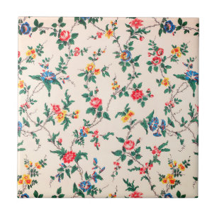 Carreau Motif floral de roses rouges vintage fleurs bleues