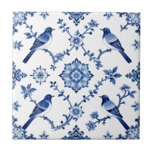 Carreau Motif floral d'oiseaux en chinoiserie bleue