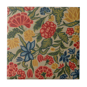 Carreau Motif floral en broderie laine vintage rouge et or