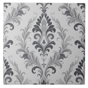 Carreau Motif floral en damas baroque gris argenté