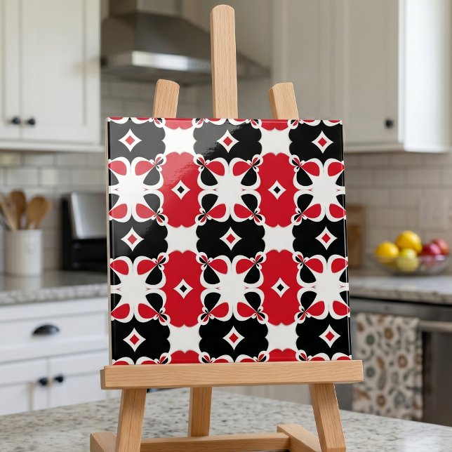 Carreau Motif floral géométrique rétro rouge noir blanc (Créateur téléchargé)
