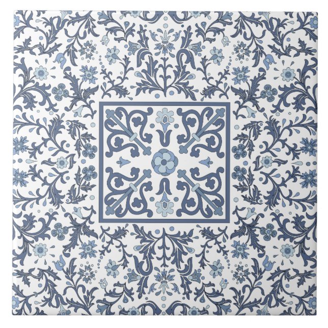 Carreau Motif floral graphique fantaisie bleu (Devant)