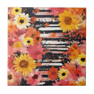 Carreau Motif floral grunge gras noir orange rose