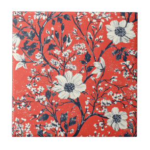 Carreau Motif floral hivernal indigo rouge sur neige
