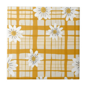 Carreau Motif floral marguerrier blanc sur En vichy jaune