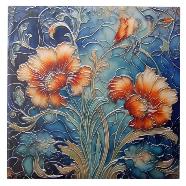 Carreau Motif floral orange foncé et bleu Art nouveau (Devant)