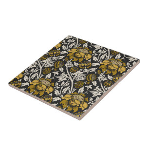 Carreau Motif floral orné avec de grandes fleurs dorées 