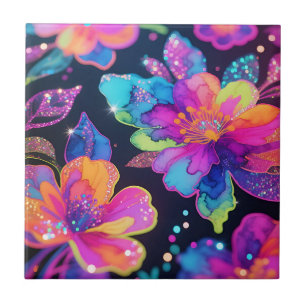 Carreau Motif floral pailleté néon