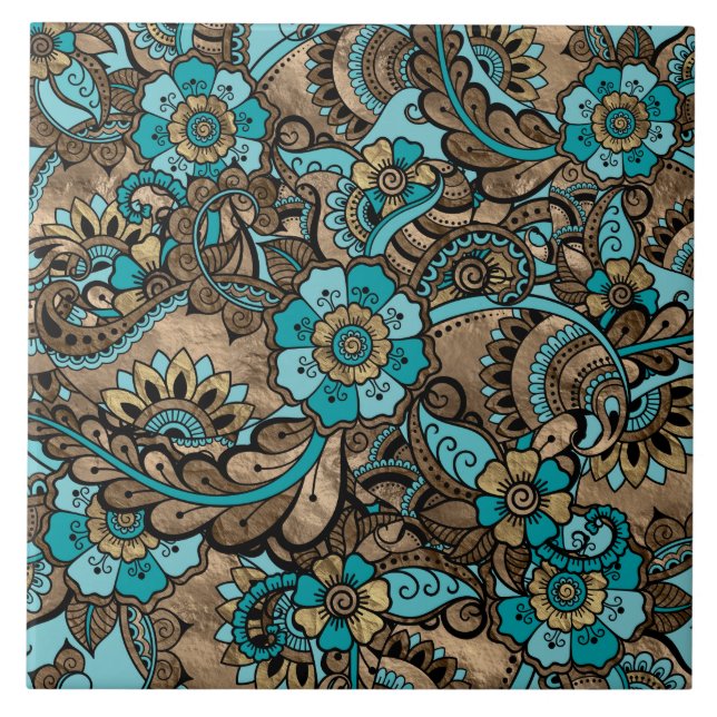 Carreau Motif Floral Paisley - turquoise et doré (Devant)