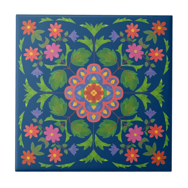Carreau Motif Floral Rangoli sur Carrelage bleu céramique (Devant)