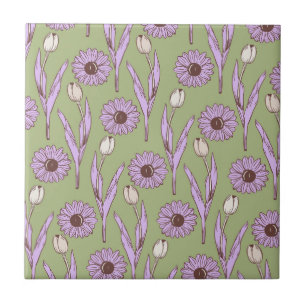 Carreau Motif floral rétro vert violet Y2K funky hippie