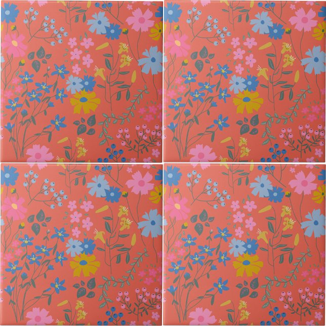 Carreau Motif floral rouge Boho moderne (Modern Boho Red Floral Pattern Ceramic Tile)