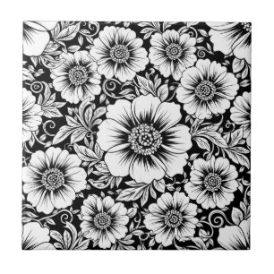 Carreau Motif floral sans couture vintage noir et blanc (2