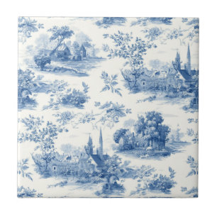 Carreau Motif floral toile de Jouy bleue vintage