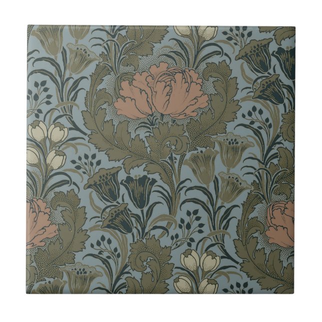 Carreau Motif floral victorien antique terre cuite sauge (Devant)