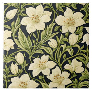 Carreau Motif floral vintage, blanc ivoire et vert,