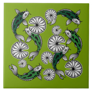 Carreau Motif folklorique de carpe vert indigo japonais
