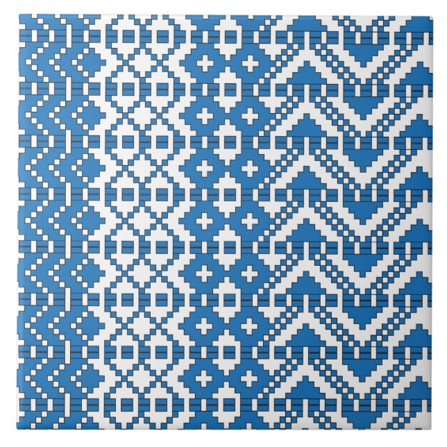 Carreau Motif folklorique letton bleu et blanc (Devant)