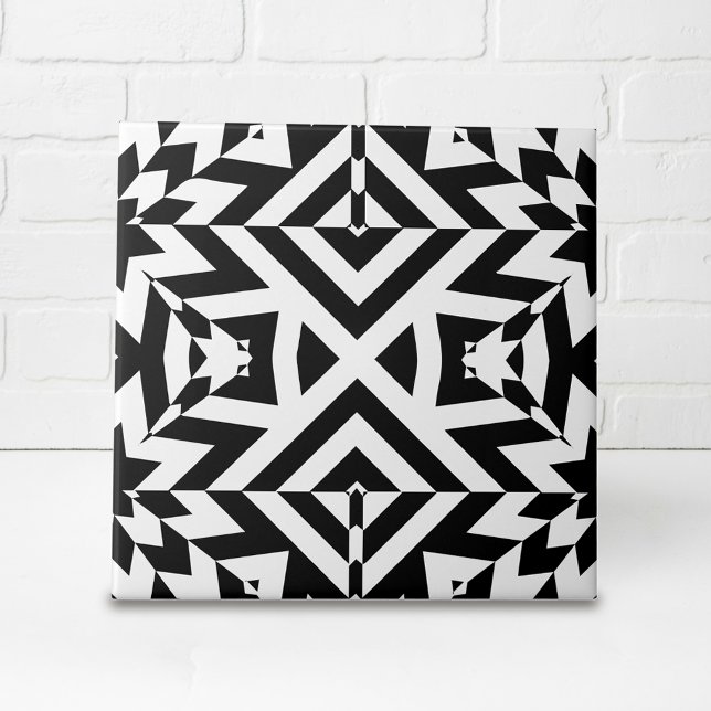 Carreau Motif géométrique d'art lumineux noir et blanc (Créateur téléchargé)