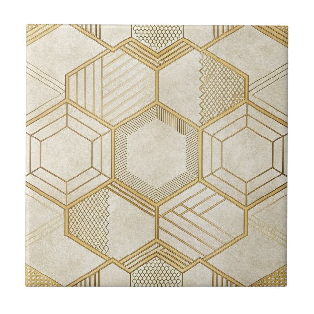 Carreau Motif géométrique en marbre crème Hexagone doré (Devant)