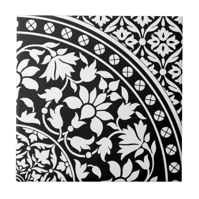 Carreau Motif géométrique floral noir et blanc indien (Devant)