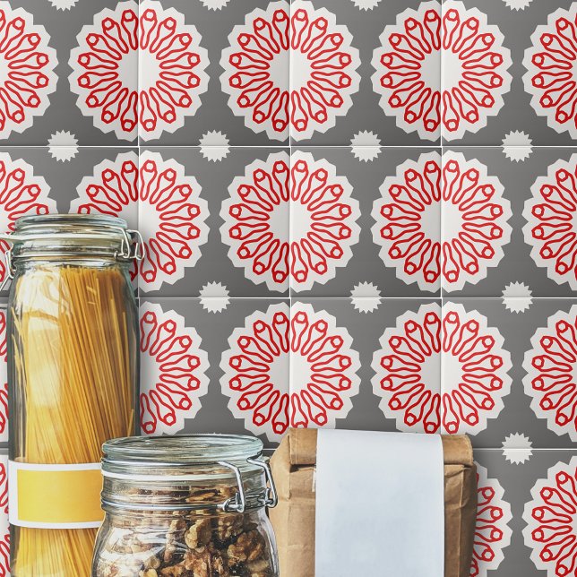 Carreau Motif géométrique gris rétro rouge et blanc (Créateur téléchargé)