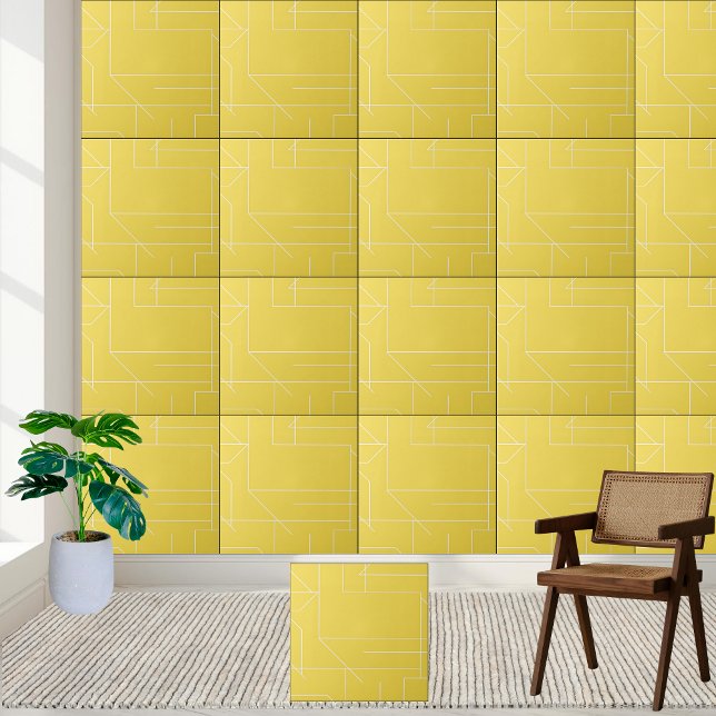 Carreau Motif géométrique jaune et blanc (Geometric Yellow and White Line Pattern Ceramic Tile)