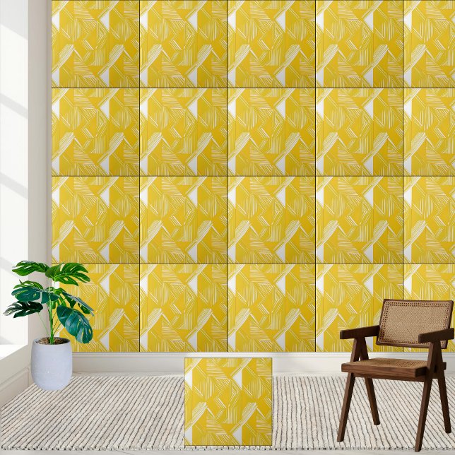 Carreau Motif géométrique jaune et blanc (Geometric Yellow and White Line Pattern Ceramic Tile)