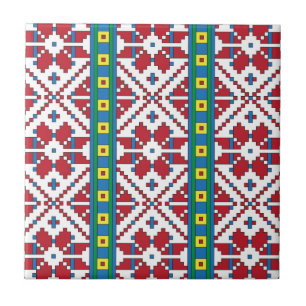 Carreau Motif géométrique tribal rouge, bleu et blanc é