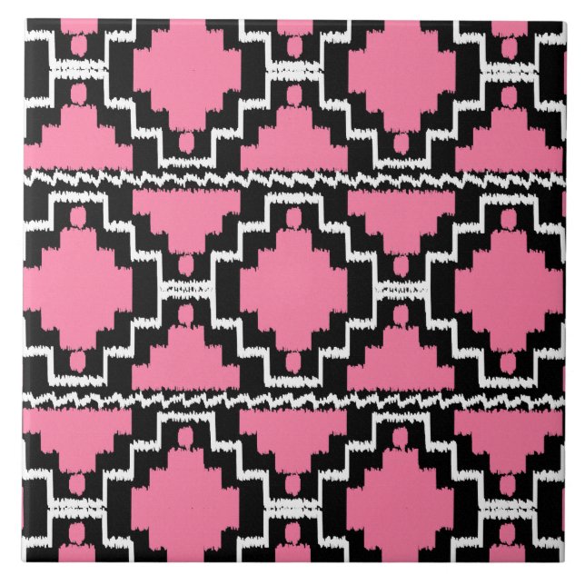 Carreau Motif Ikat Aztec - Fuchsia rose, noir et blanc (Devant)
