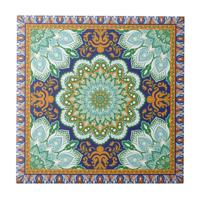 Carreau Motif islamique Orange, Bleu, Carrelage en céramiq (Devant)
