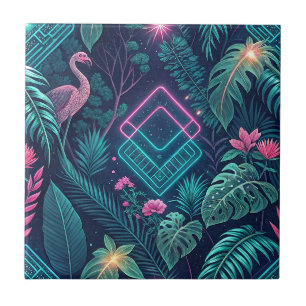 Carreau Motif Jungle Cyberpunk Tropical Flamant Néon
