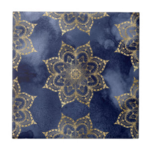 Carreau Motif Mandala Boho Or Doré Bleu Marine Texture Enc