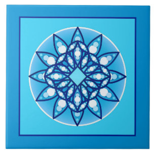 Carreau Motif Mandala bordée en bleu turquoise & bleu